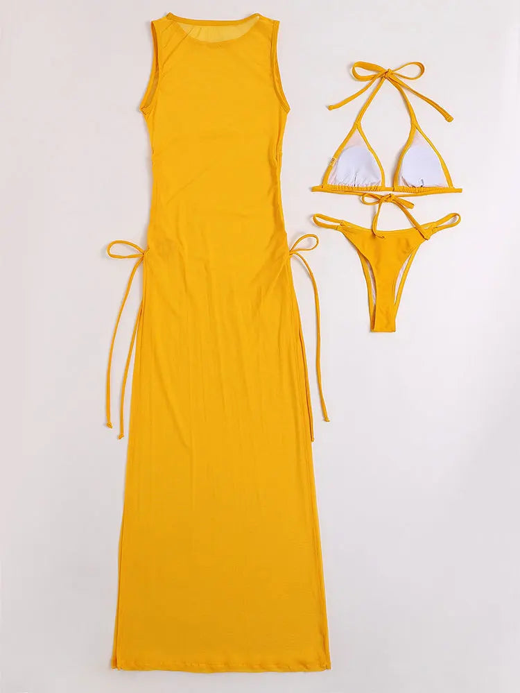 AMEHE 3-Piece Solid Color Bikini Set with Maxi Cover-Up Dress