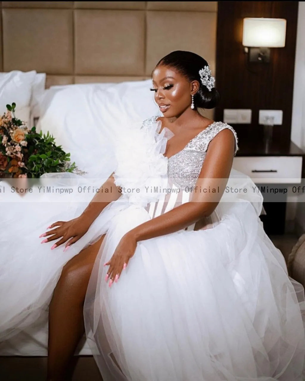 Women’s White Pre-Wedding Tulle Dress – V-Neck Side Split Bridal Shower Gown