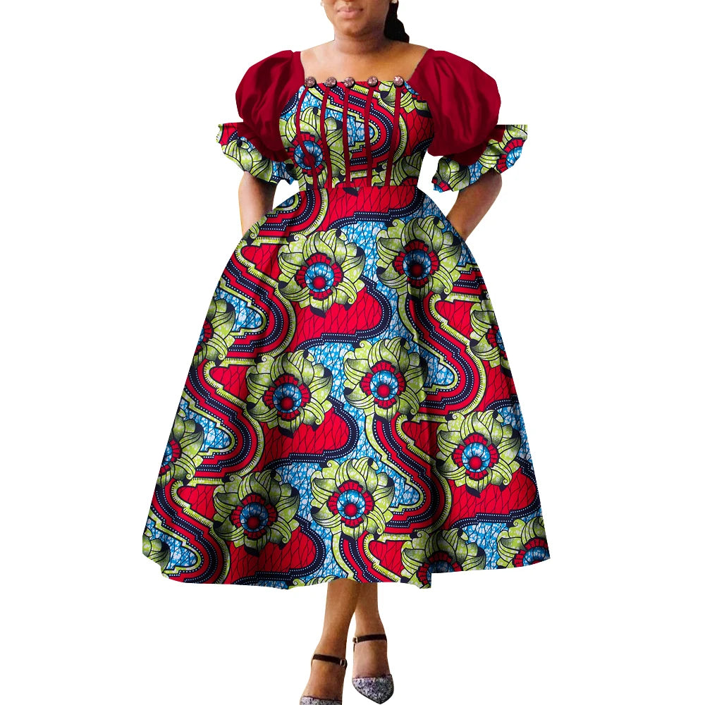 Women’s African Print Puff Sleeve Maxi Dress – High Waist Princess Gown