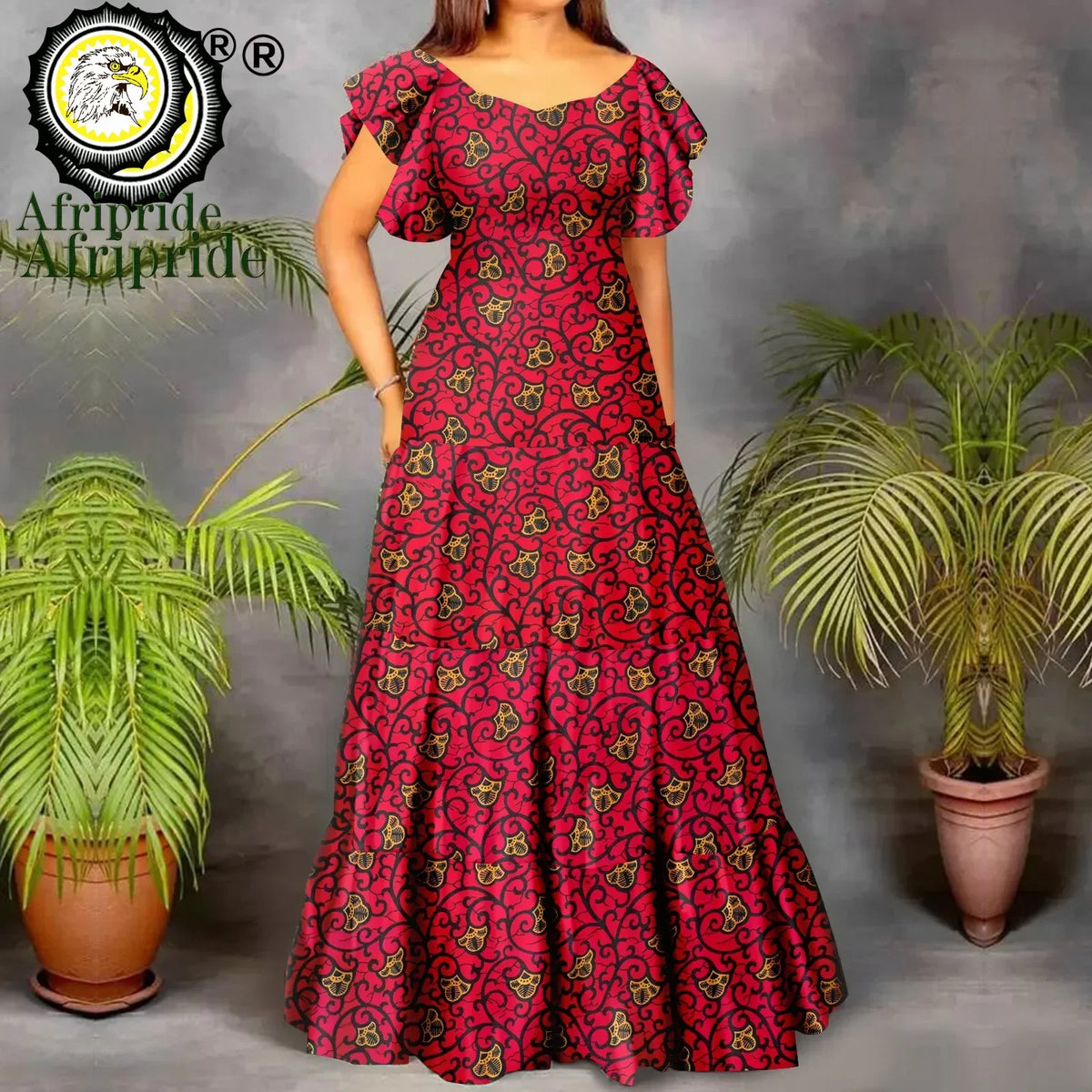 Women’s African Print Maxi Dress – Short Sleeve High Waist Elegant Party & Wedding Attire