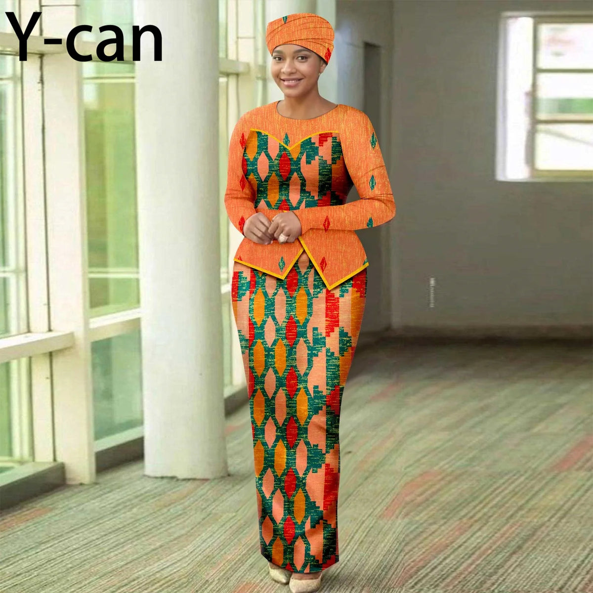 Women’s African Print Patchwork Gown with Headscarf – Elegant Wedding & Party Dress