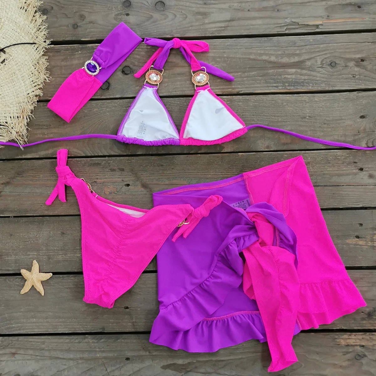 AMEHE Rhinestone Halter Bikini with Beach Skirt – 3-Piece Swimwear Set