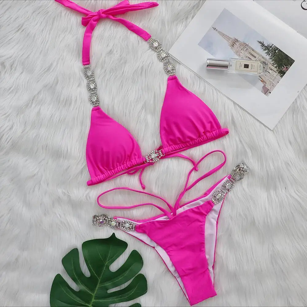 AMEHE Luxury Rhinestone Crystal Two-Piece Thong Bikini Swimsuit
