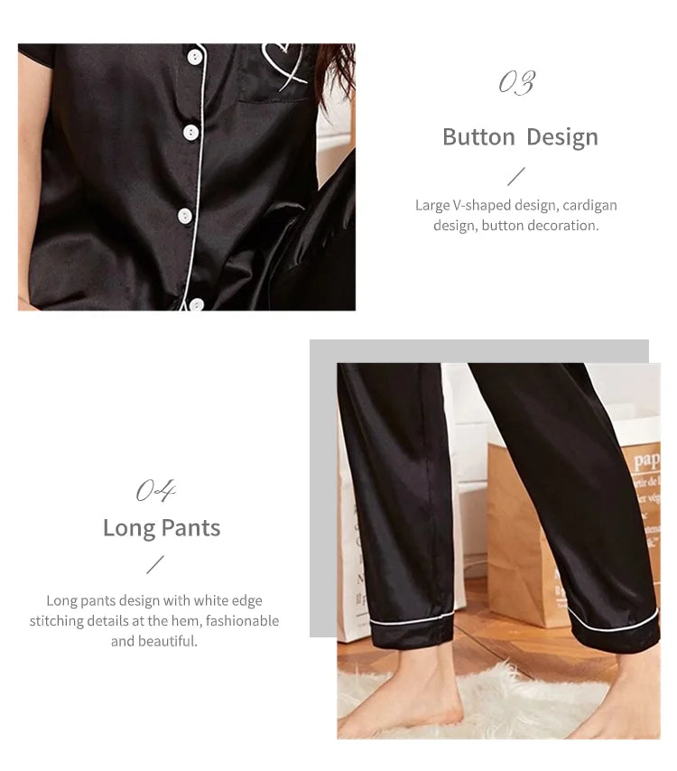 AMEHE Women's Satin Heart Embroidered Button-Up Pajama Lounge Set