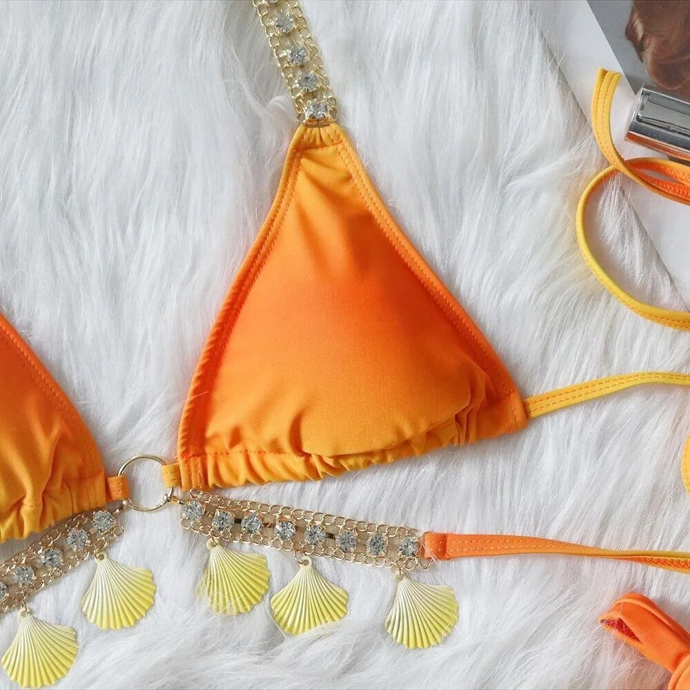 AMEHE Luxury Rhinestone Crystal Two-Piece Thong Bikini Swimsuit