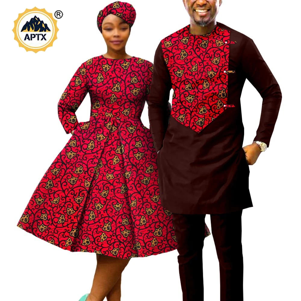 African Matching Couple Outfits – Women’s Print Dress & Headwrap with Men’s