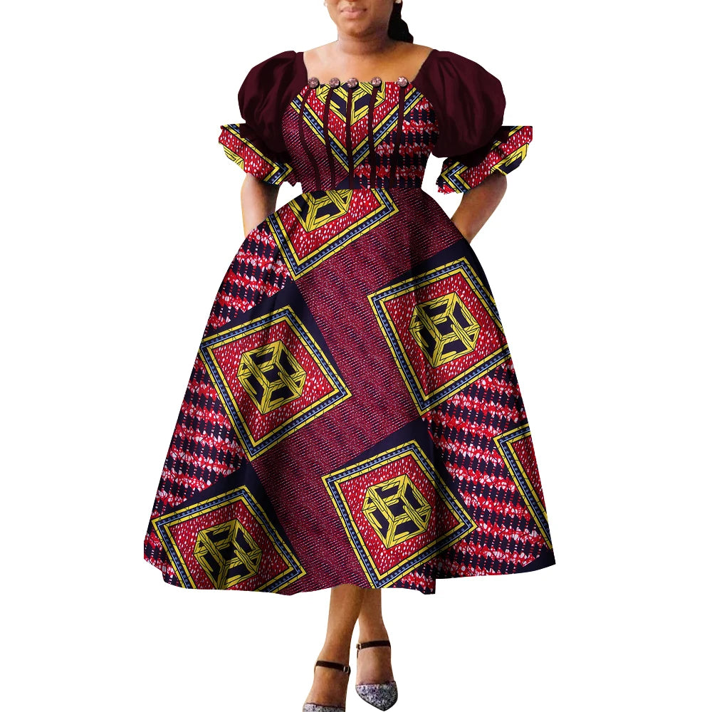 Women’s African Print Puff Sleeve Maxi Dress – High Waist Princess Gown