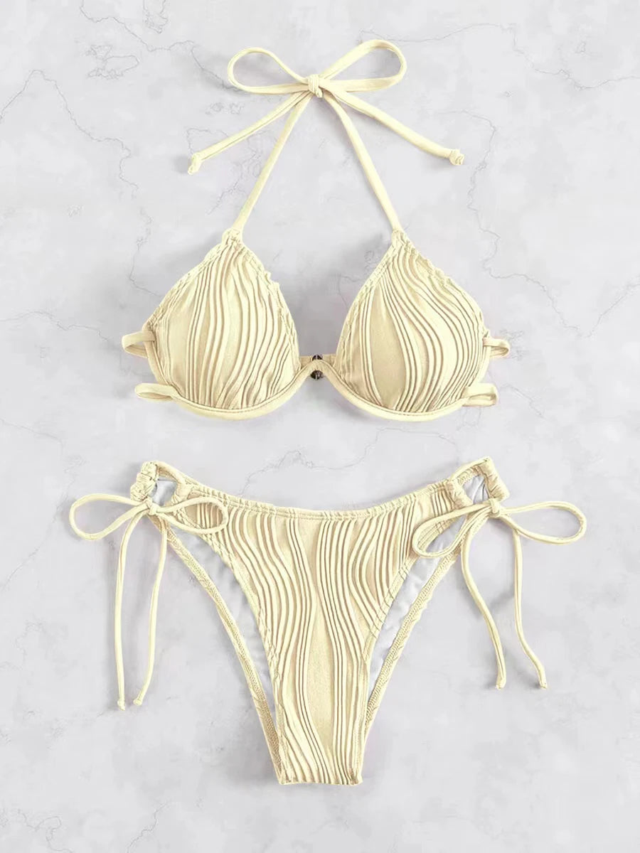 Women's Halter String Push-Up Bikini Set – Solid Color Two-Piece Swimsuit, Sexy Beach Swimwear