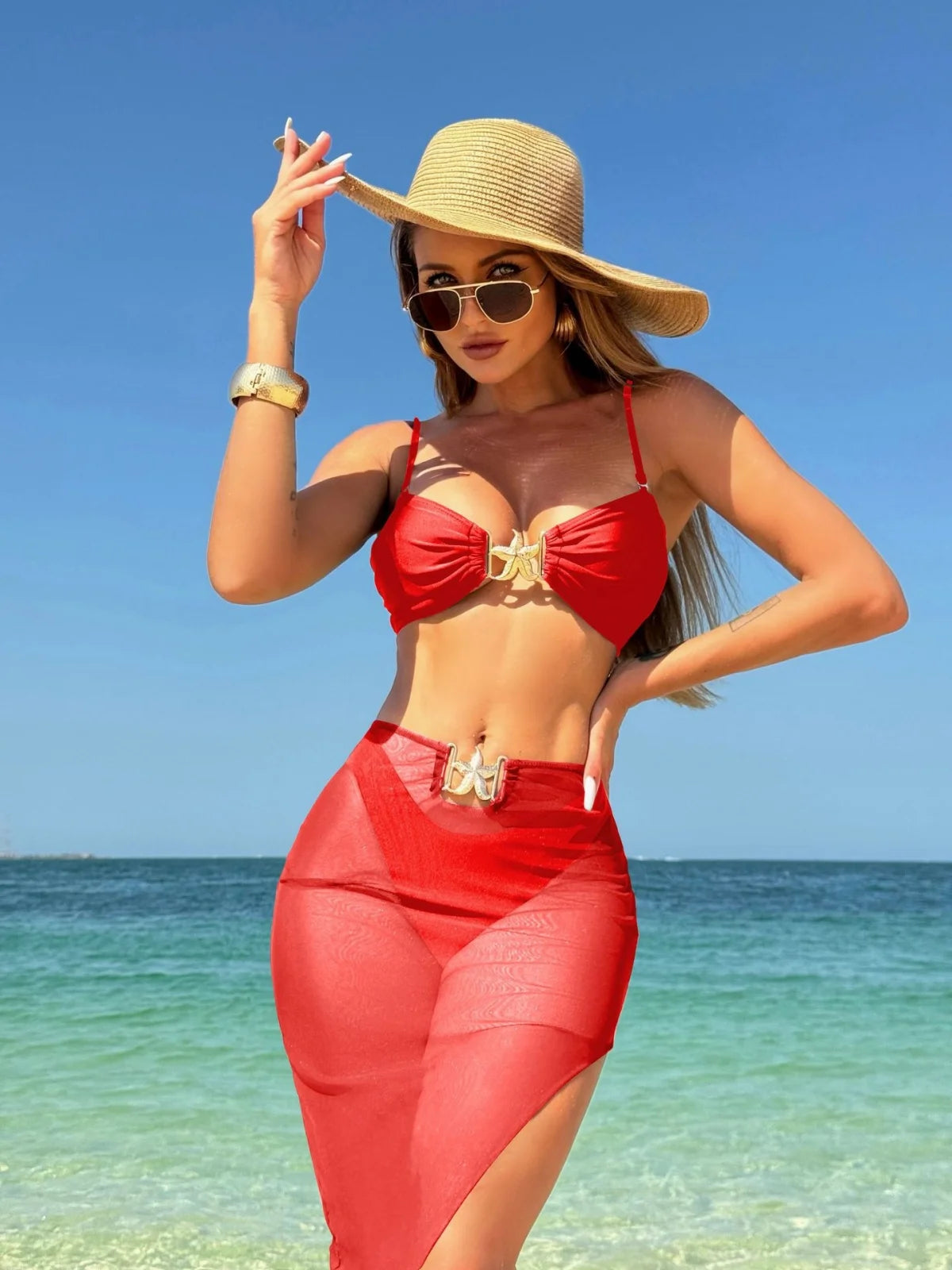 AMEHE 3-Piece High-Waist Push-Up Bikini Set with Starfish Detail