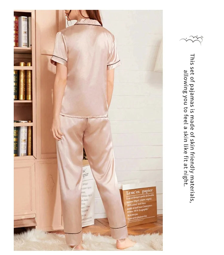 AMEHE Women's Satin Heart Embroidered Button-Up Pajama Lounge Set