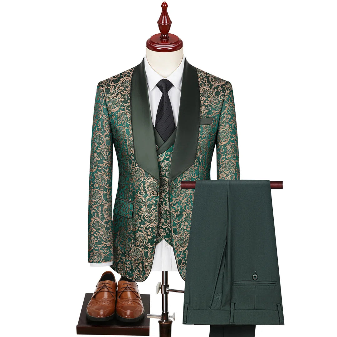 AMEHE Men’s Green Striped 3-Piece Tuxedo – Blazer, Vest & Pants