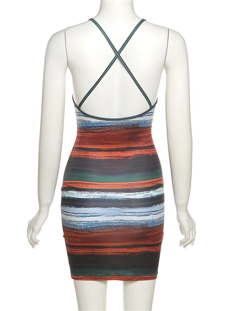 AMEHE Women's Panelled Striped Backless Slash-Neck Mini Dress