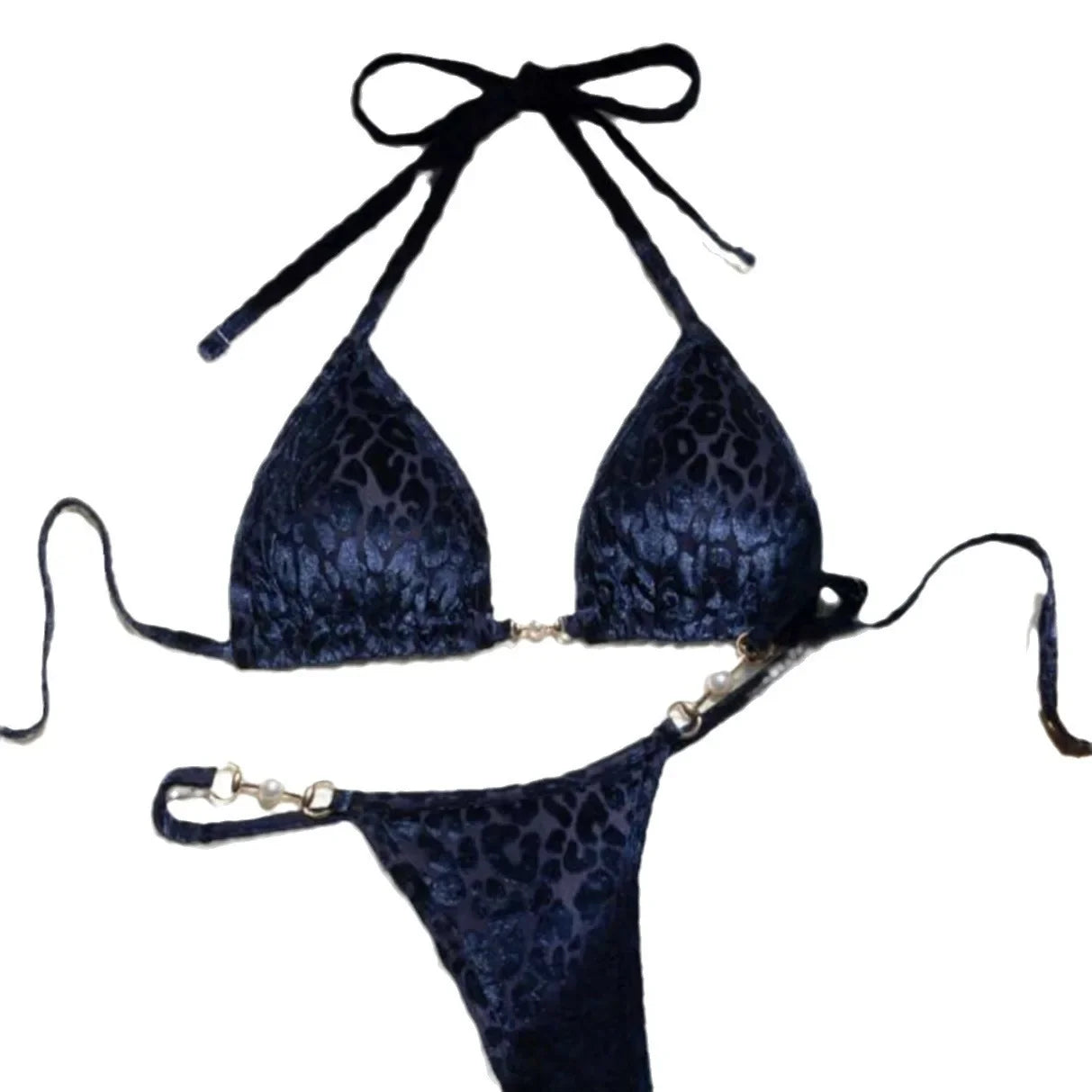 AMEHE Leopard Print Velvet Halter Two-Piece Bikini Swimsuit