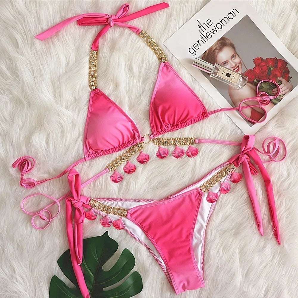 AMEHE Luxury Rhinestone Crystal Two-Piece Thong Bikini Swimsuit