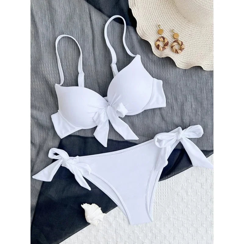 AMEHE Women's Classic Solid Color Push-Up Bandage Two-Piece Bikini