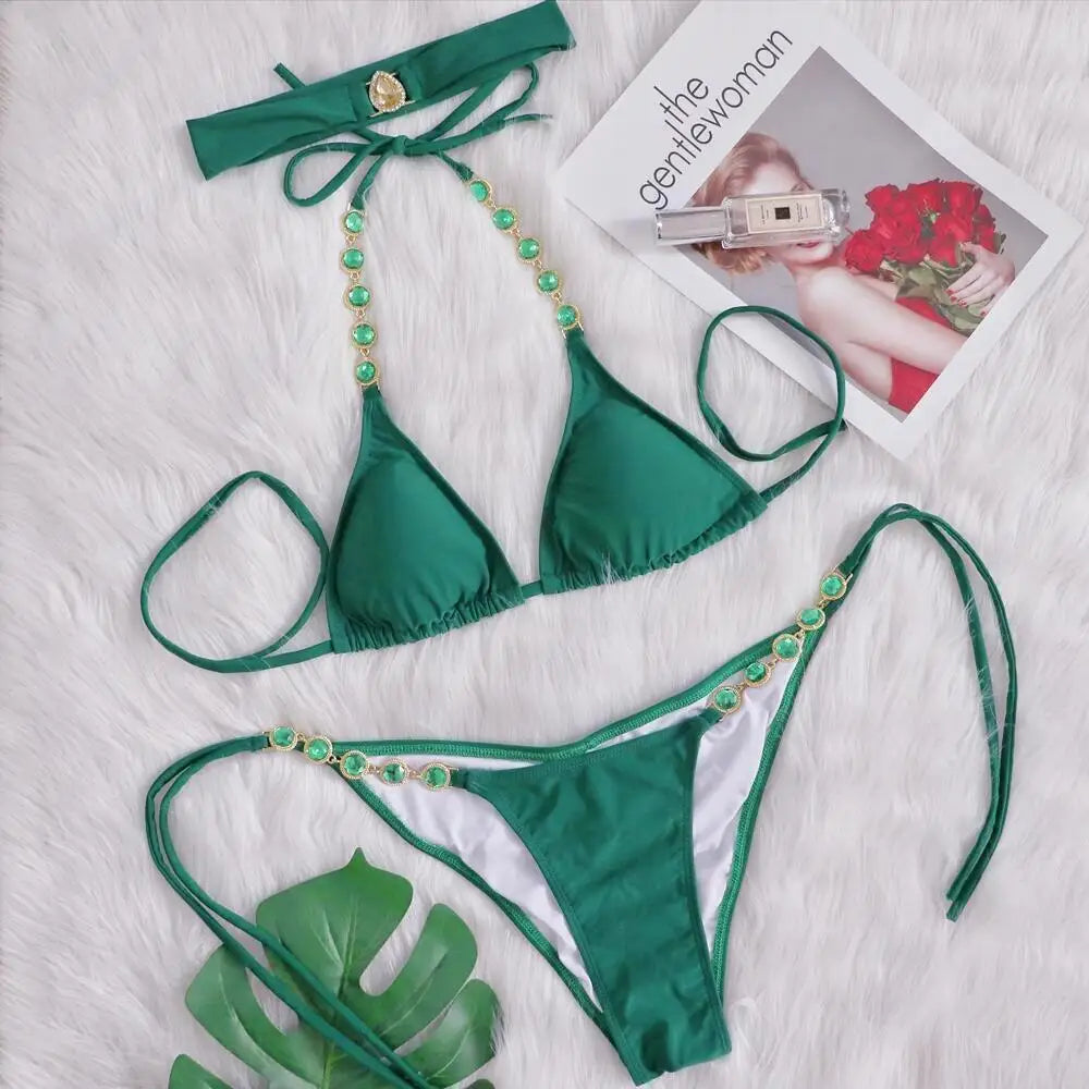 AMEHE Luxury Rhinestone Crystal Two-Piece Thong Bikini Swimsuit