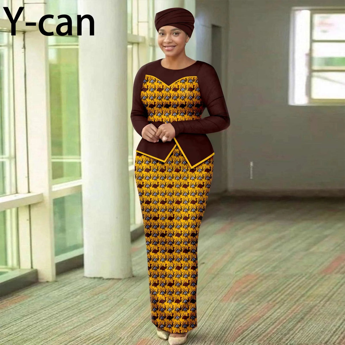 Women’s African Print Patchwork Gown with Headscarf – Elegant Wedding & Party Dress