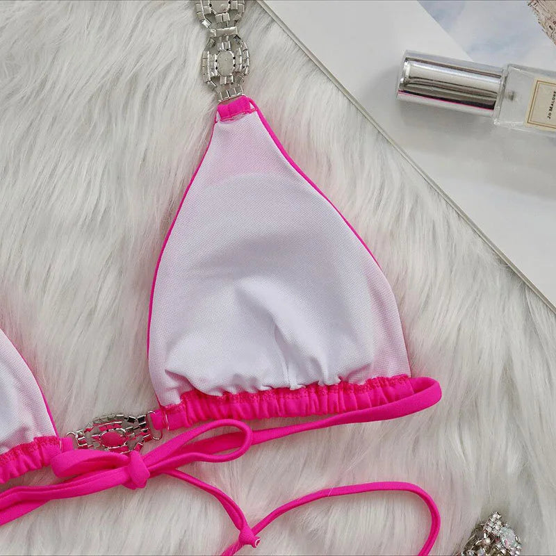 AMEHE Luxury Rhinestone Crystal Two-Piece Thong Bikini Swimsuit