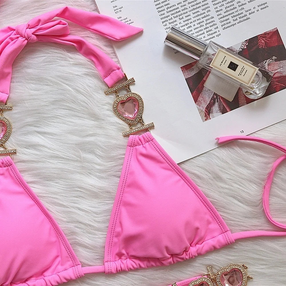 AMEHE Luxury Rhinestone Crystal Two-Piece Thong Bikini Swimsuit