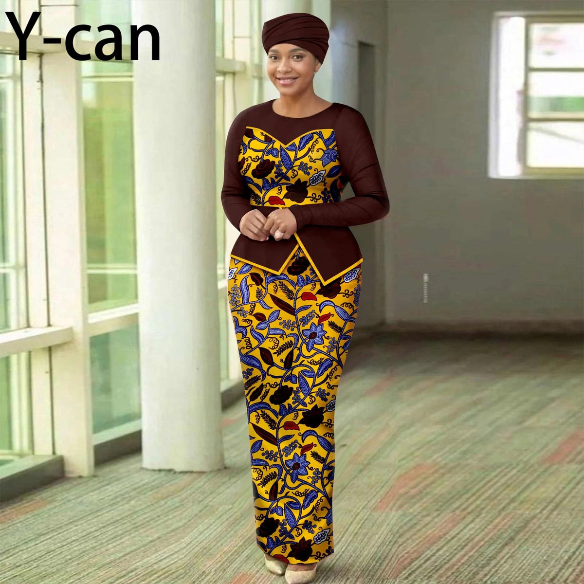 Women’s African Print Patchwork Gown with Headscarf – Elegant Wedding & Party Dress