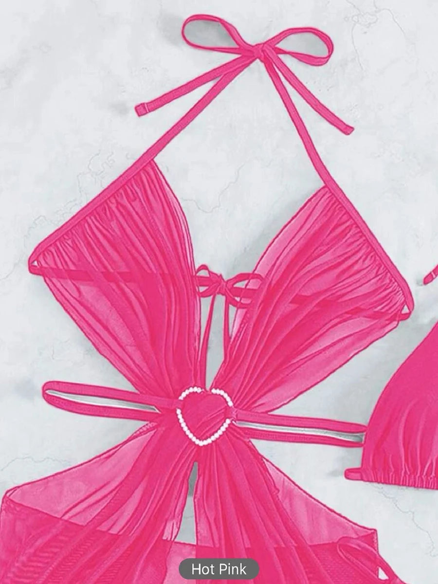 AMEHE 3-Piece Halter String Bikini Set with Cover-Up