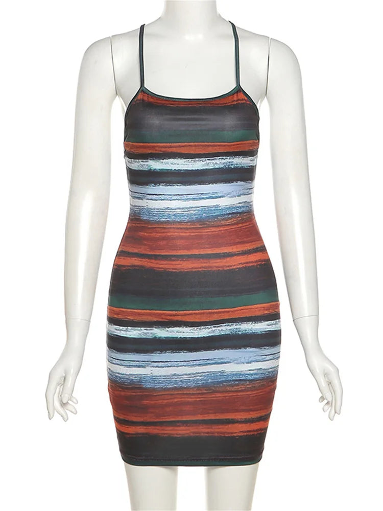 AMEHE Women's Panelled Striped Backless Slash-Neck Mini Dress