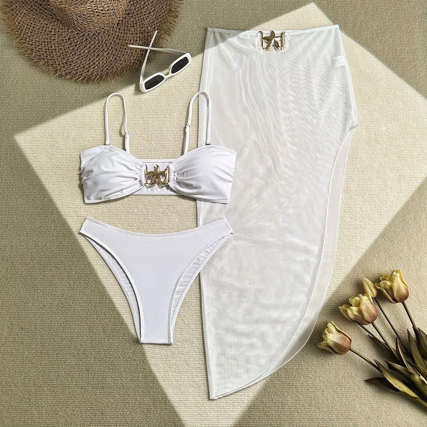 AMEHE 3-Piece High-Waist Push-Up Bikini Set with Starfish Detail
