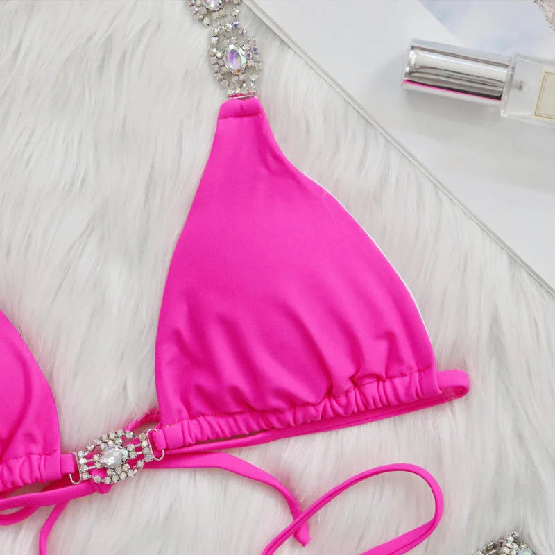 AMEHE Luxury Rhinestone Crystal Two-Piece Thong Bikini Swimsuit