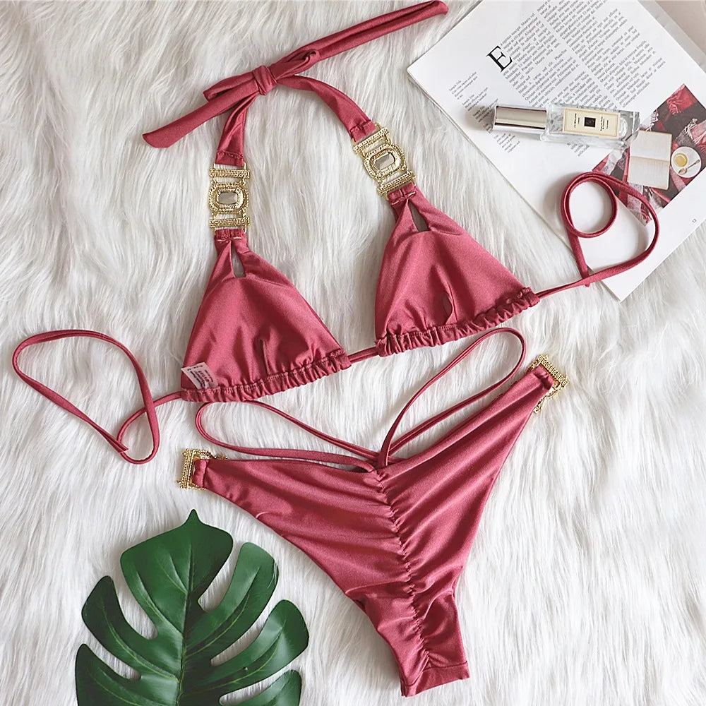 AMEHE Luxury Rhinestone Crystal Two-Piece Thong Bikini Swimsuit