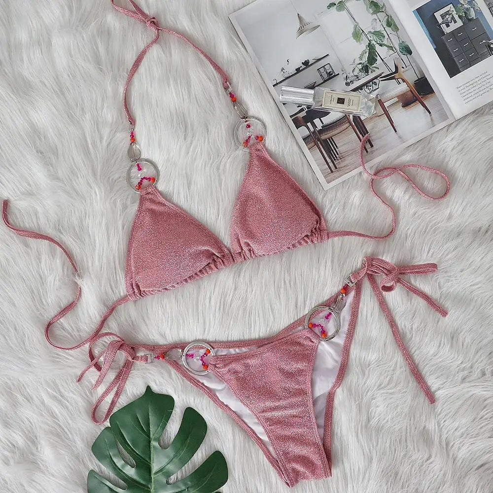 AMEHE Luxury Rhinestone Crystal Two-Piece Thong Bikini Swimsuit