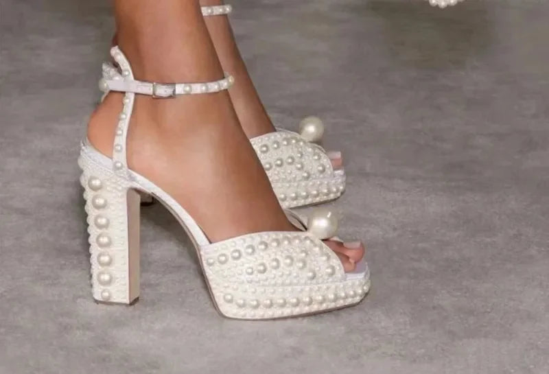 Luxury Beaded Thick Heel Sandals – Open Toe Style