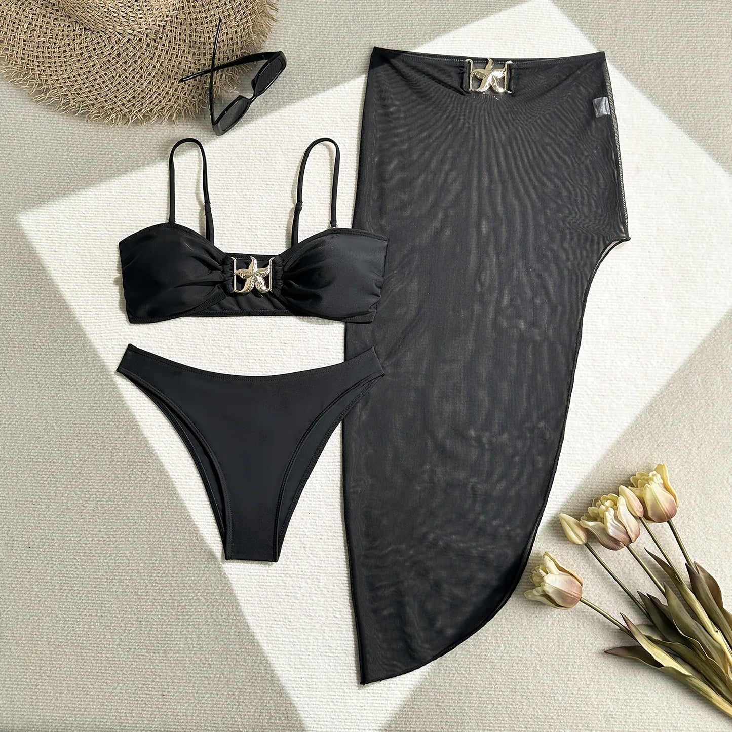 AMEHE 3-Piece High-Waist Push-Up Bikini Set with Starfish Detail