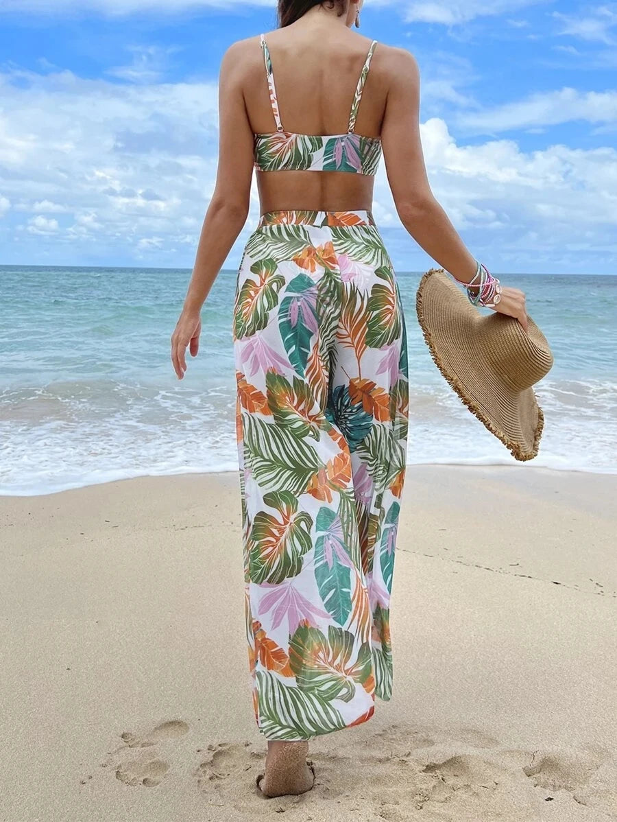 AMEHE 3-Piece Strappy Printed Bikini Set with Beach Pants