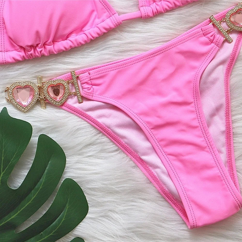 AMEHE Luxury Rhinestone Crystal Two-Piece Thong Bikini Swimsuit