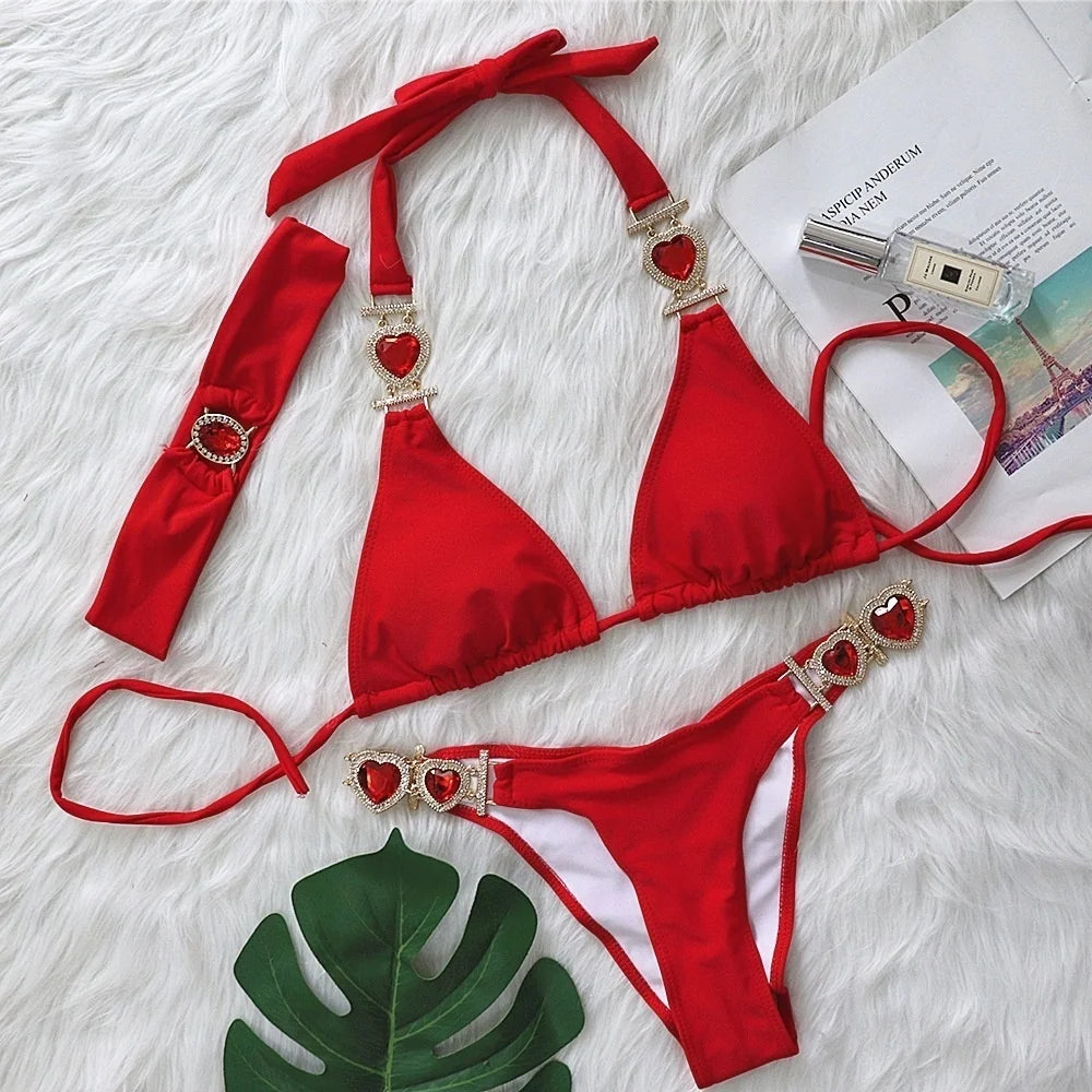AMEHE Luxury Rhinestone Crystal Two-Piece Thong Bikini Swimsuit