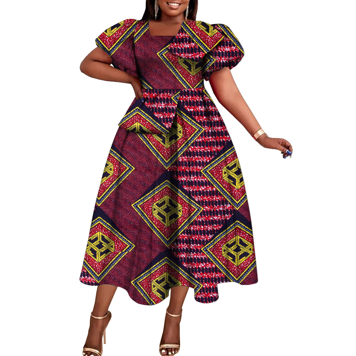 Women’s African Print Short Sleeve Dress – Elegant Dashiki-Inspired Party & Celebration Attire