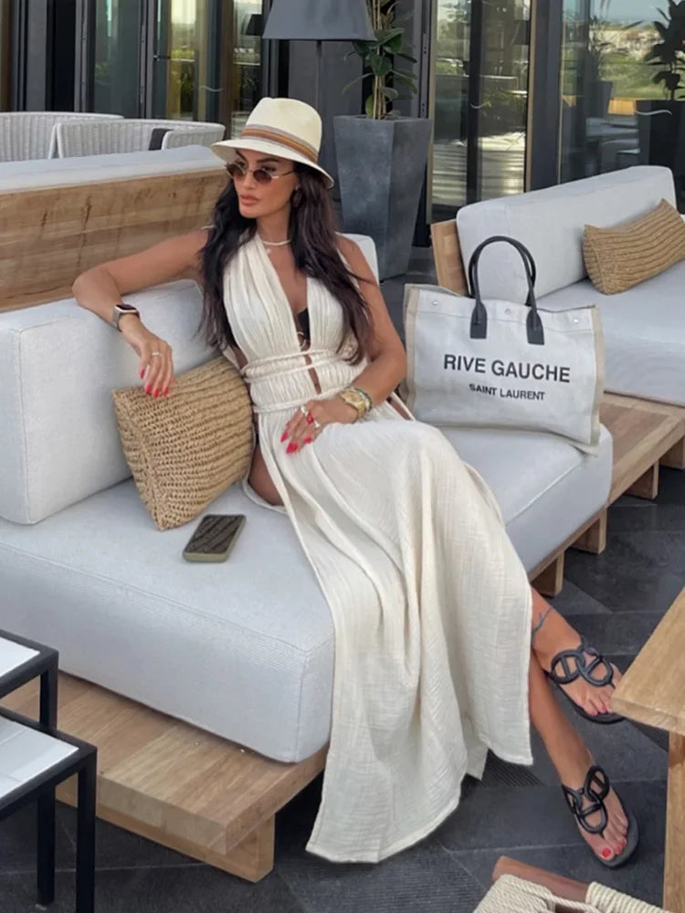 AMEHE Women's V-Neck Beach Maxi Cover-Up Dress with Braided Belt