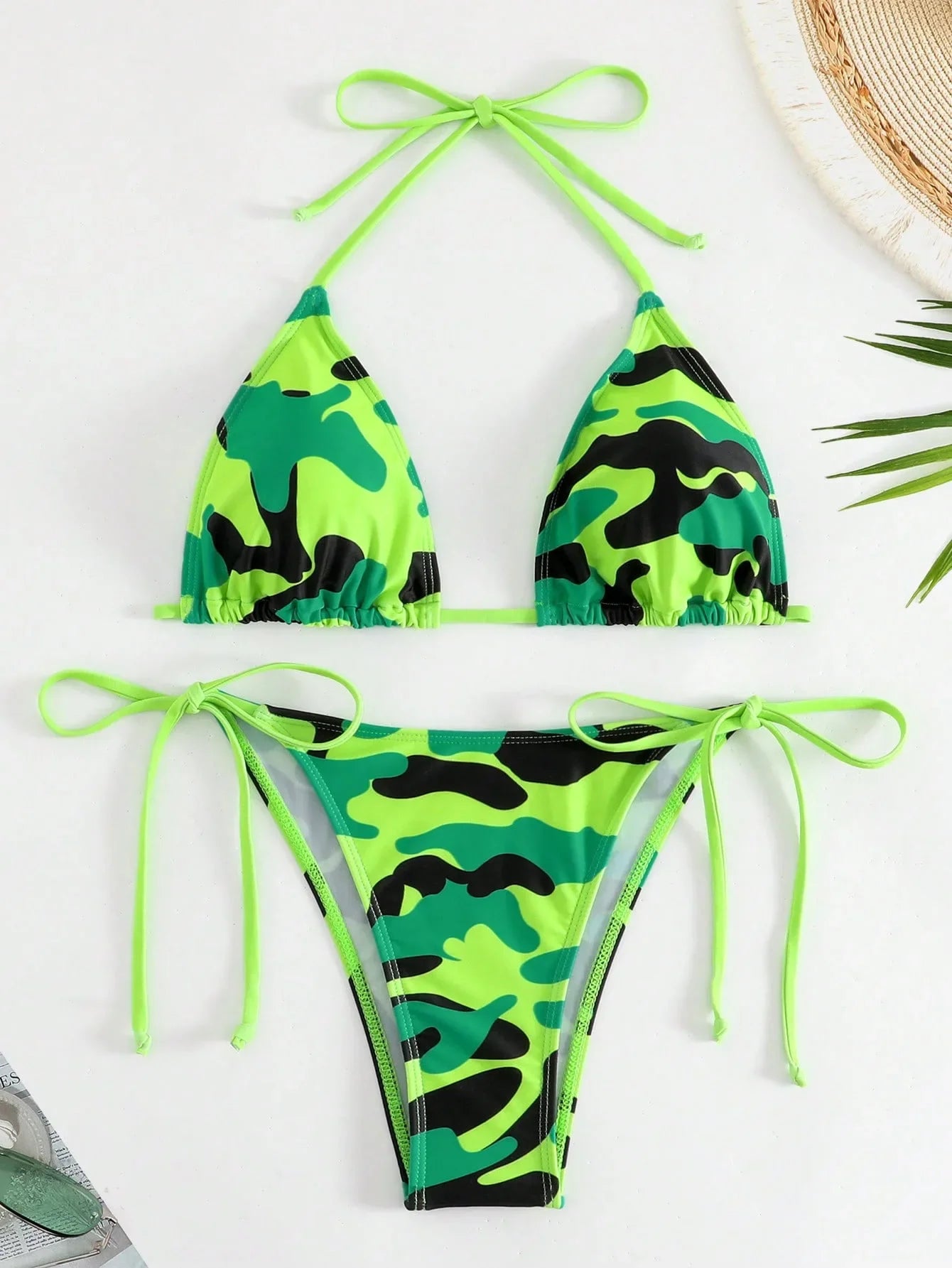 AMEHE Camouflage Print Lace-Up Thong Bikini Set