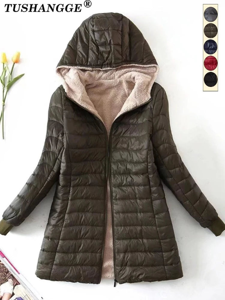 AMEHE Women's Hooded Mid-Length Fleece-Lined Winter Coat
