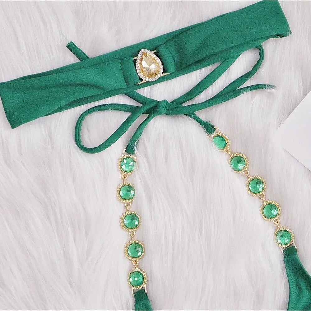 AMEHE Luxury Rhinestone Crystal Two-Piece Thong Bikini Swimsuit