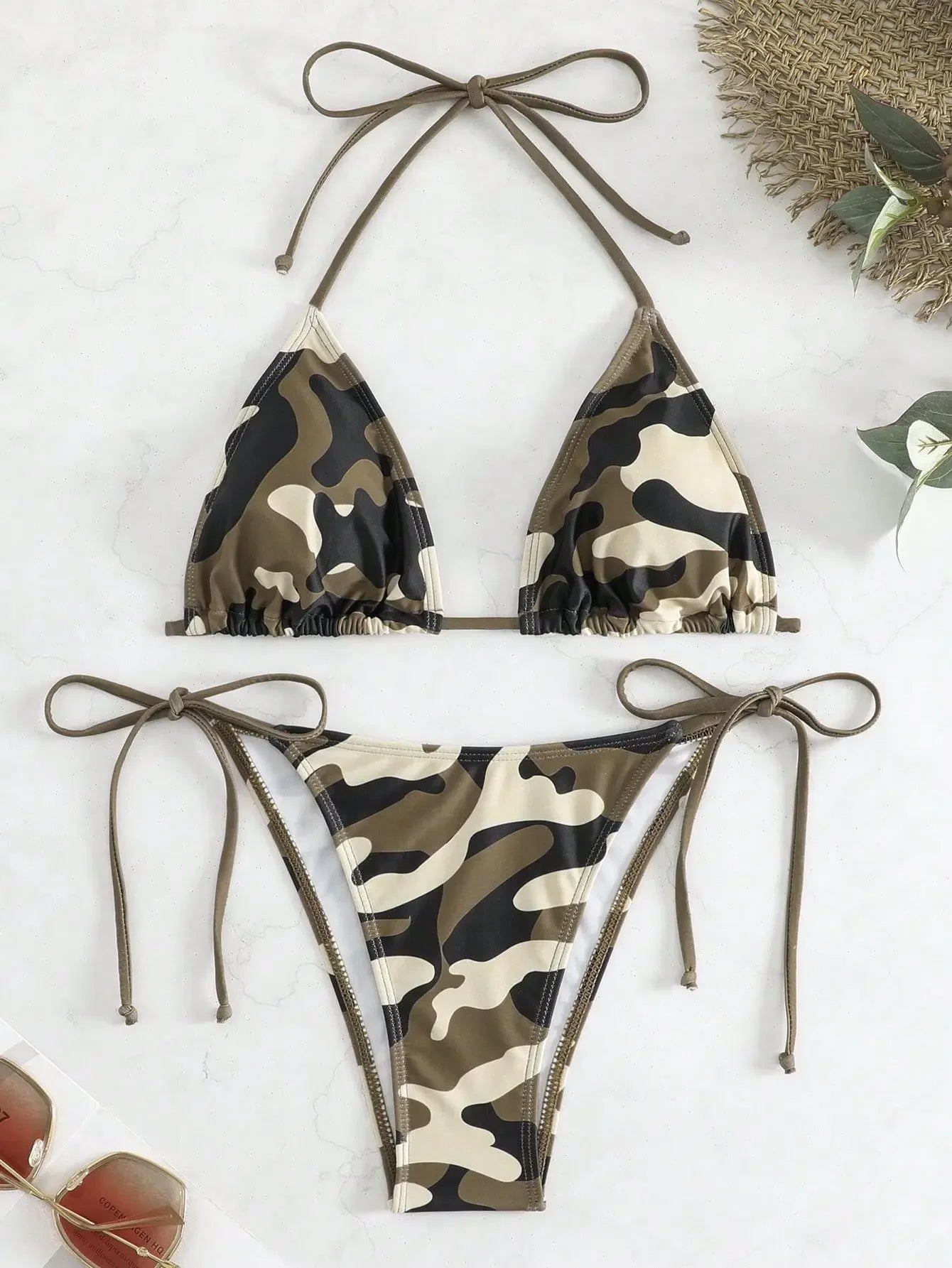 AMEHE Camouflage Print Lace-Up Thong Bikini Set