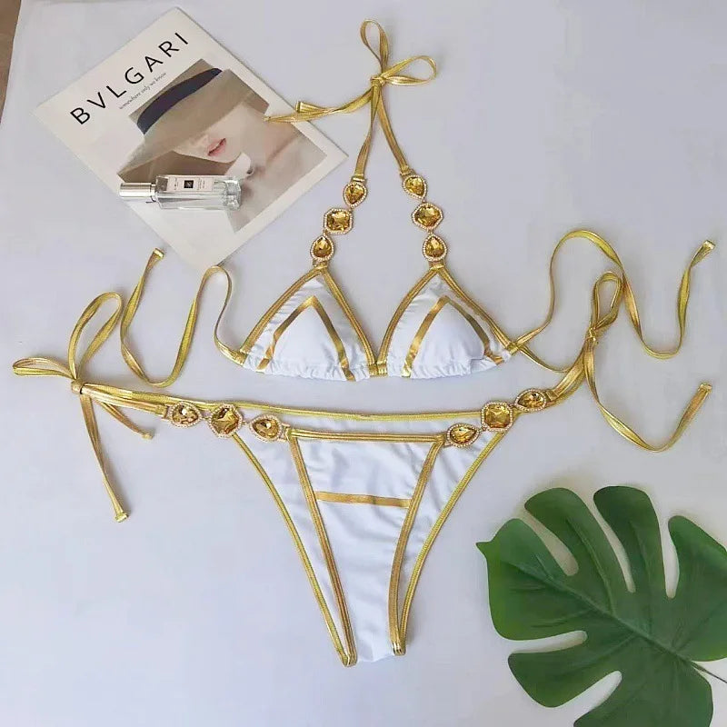 AMEHE Luxury Rhinestone Crystal Two-Piece Thong Bikini Swimsuit