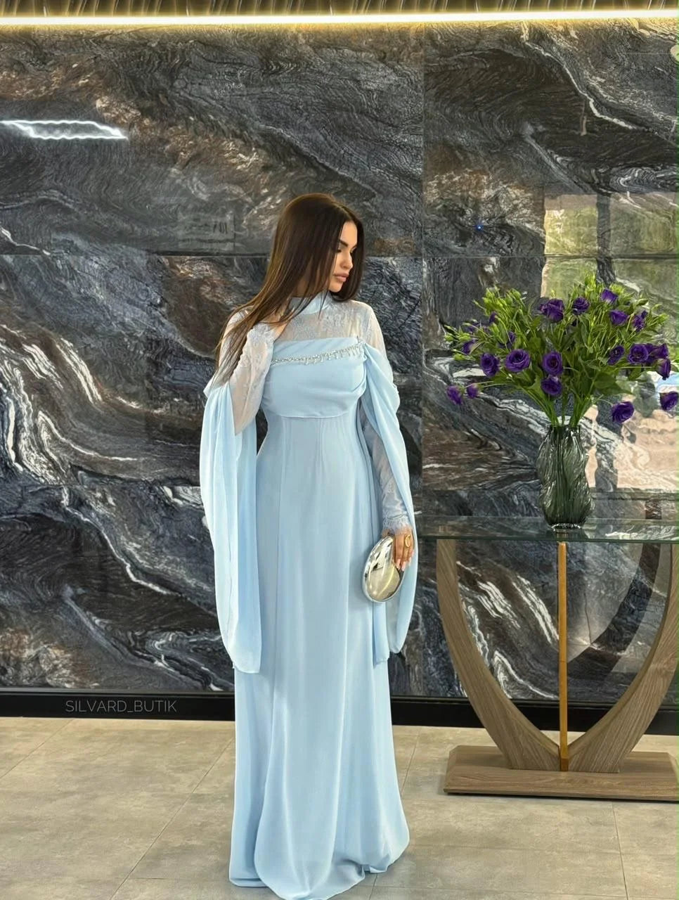 Women’s Light Blue Modest Evening Gown – High Neck Cape Sleeve Formal Dress