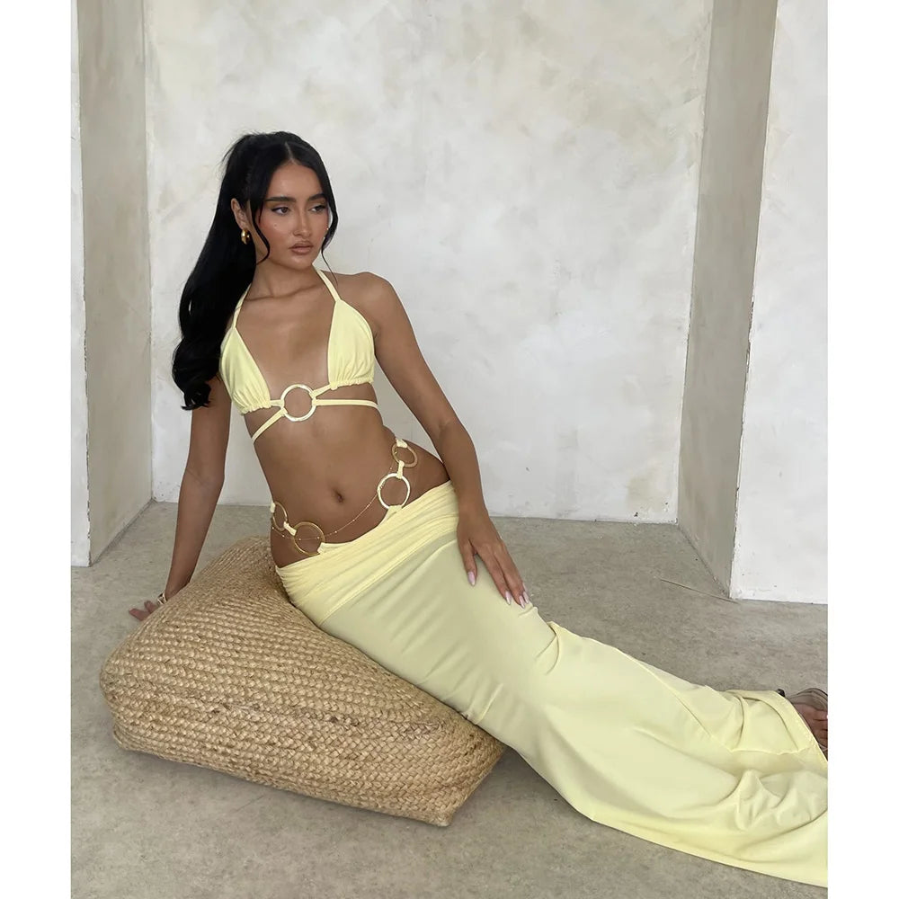 AMEHE Solid Color 3-Piece Bikini Set with Long Beach Skirt
