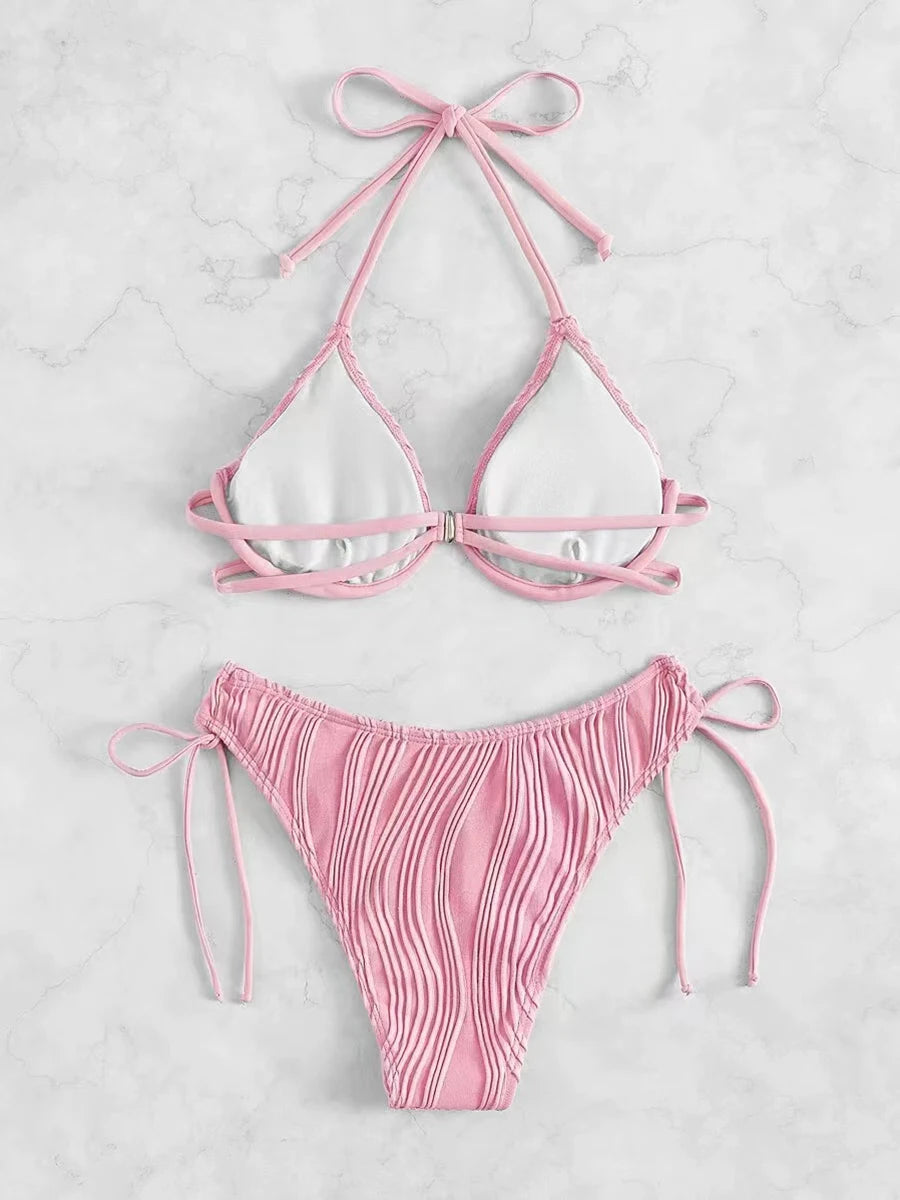 Women's Halter String Push-Up Bikini Set – Solid Color Two-Piece Swimsuit, Sexy Beach Swimwear