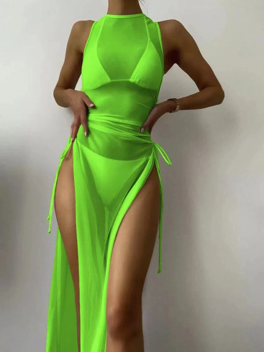 AMEHE Solid Color 3-Piece Bikini Set with Beach Cover-Up Dress