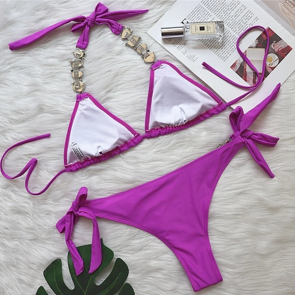 AMEHE Luxury Rhinestone Crystal Two-Piece Thong Bikini Swimsuit
