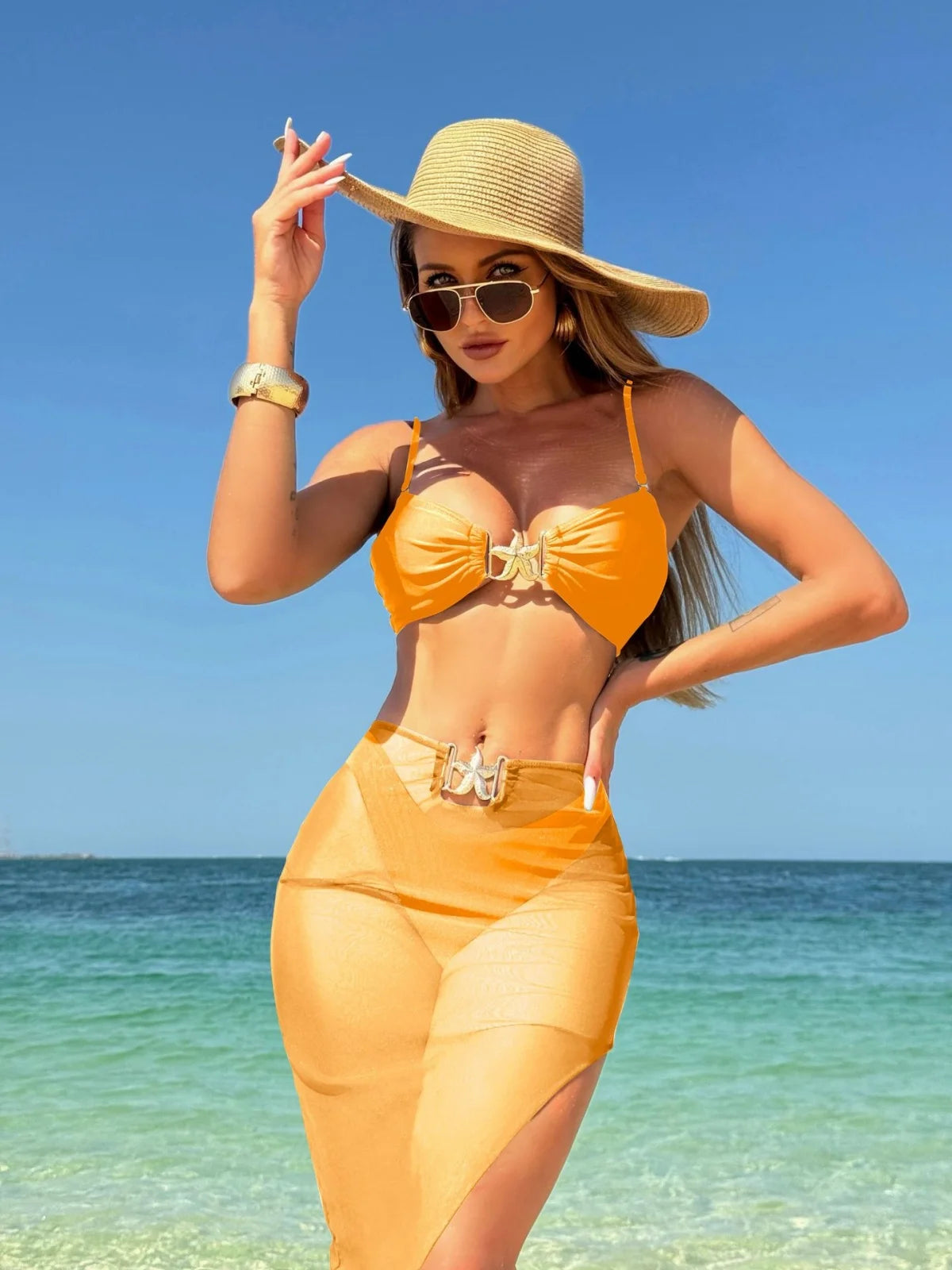 AMEHE 3-Piece High-Waist Push-Up Bikini Set with Starfish Detail