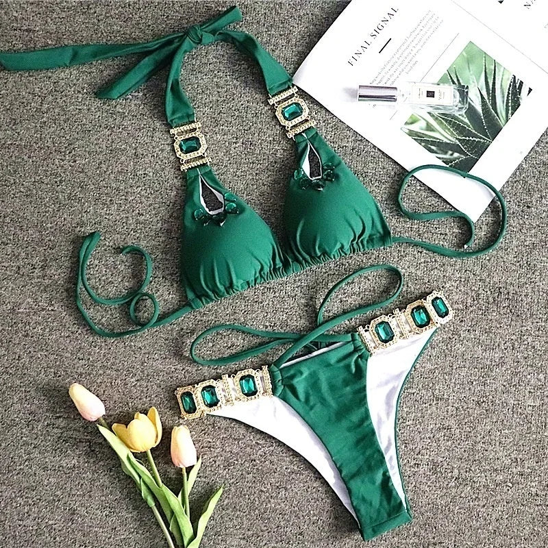 AMEHE Luxury Rhinestone Crystal Two-Piece Thong Bikini Swimsuit