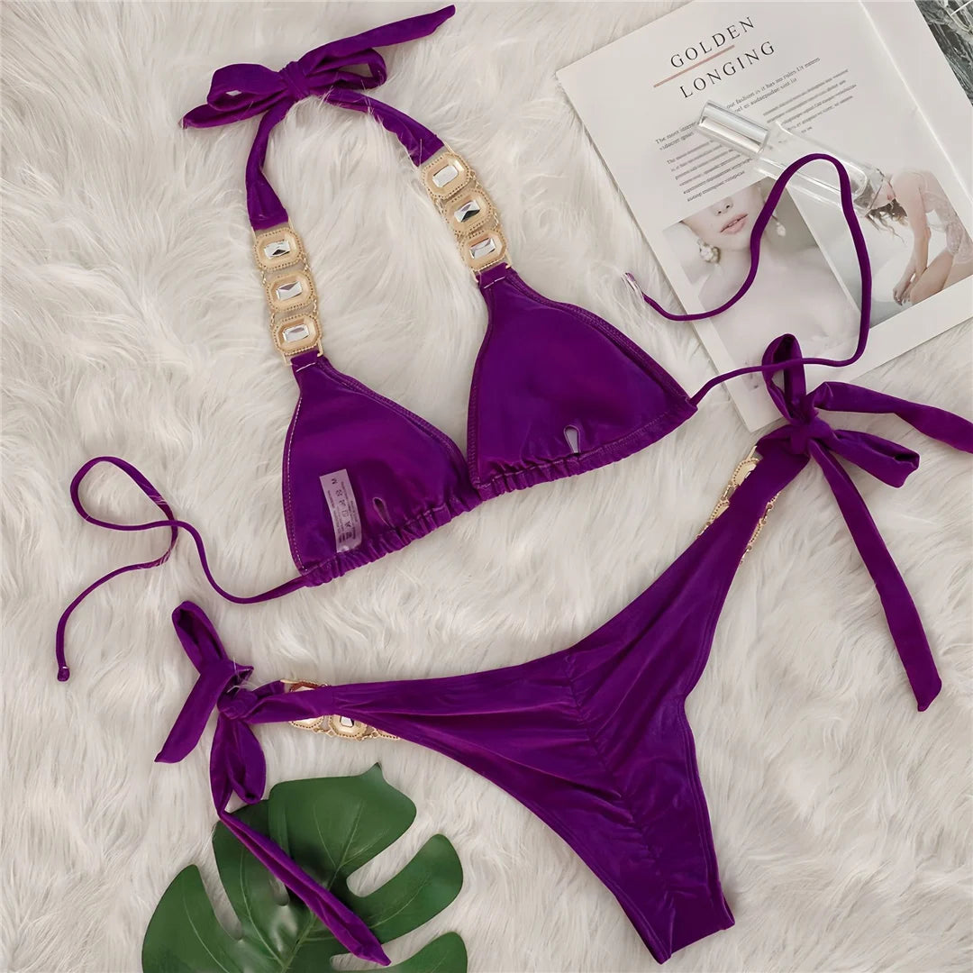 AMEHE Rhinestone Halter Two-Piece Bikini Swimsuit